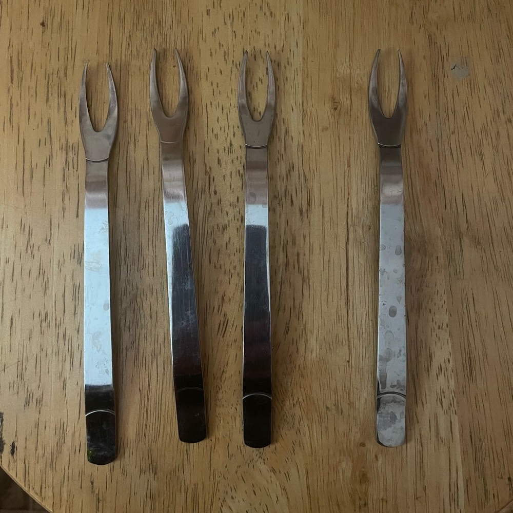 Set of Four Silver Metal Forks for Shell fish